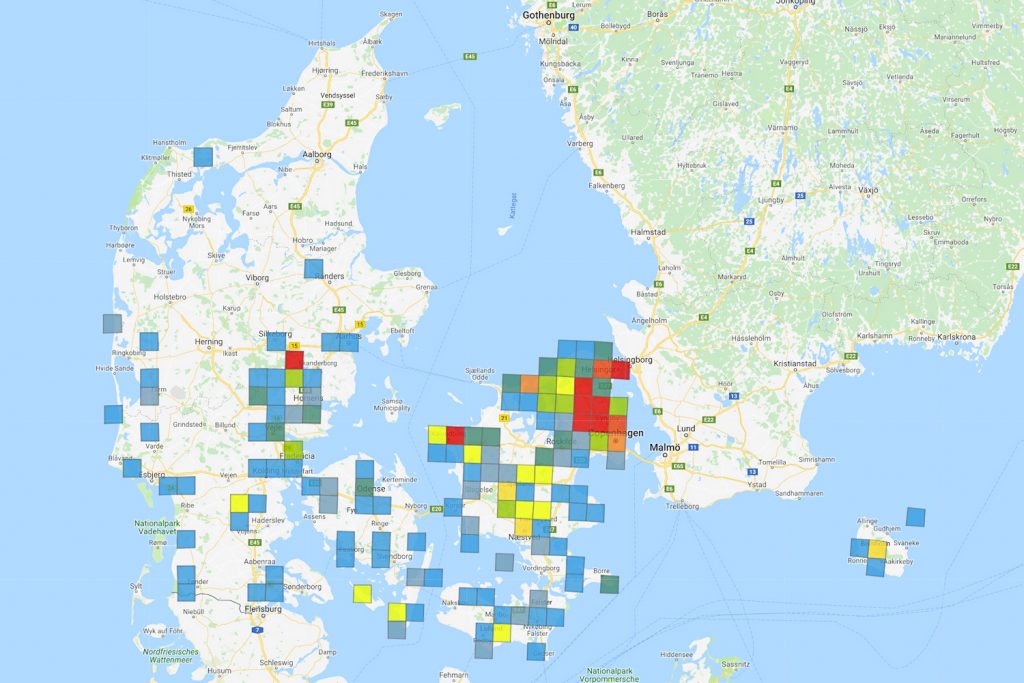 Registreringer af Kileplet-Mosaikguldsmed under atlasundersøgelsen med det nye fund i Vejlerne. Fra guldsmedeatlas.dk.
