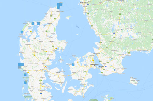 Kvadrater med fund af Lille Guldløber i det igangværende Billeatlas (www.billeatlas.dk).