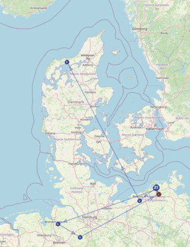 Aflæsninger af den farvemærkede Trane, kilde www.icora.de.